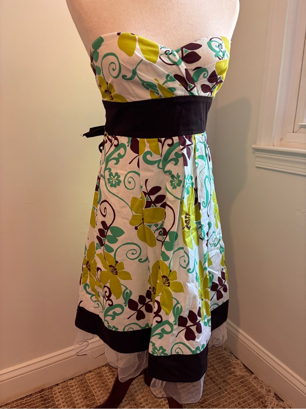 As U Wish Strapless Floral Party Dress Size 9 Tulle Hem Ribbon Waist Garden Tea